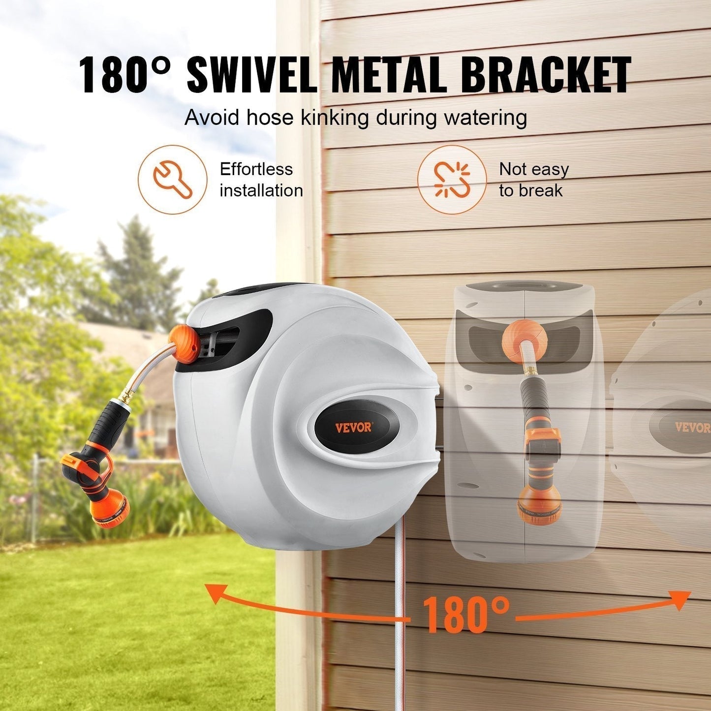 130ft Retractable Garden Hose Reel with 180° Swivel Wall Mount, 5/8" Hose