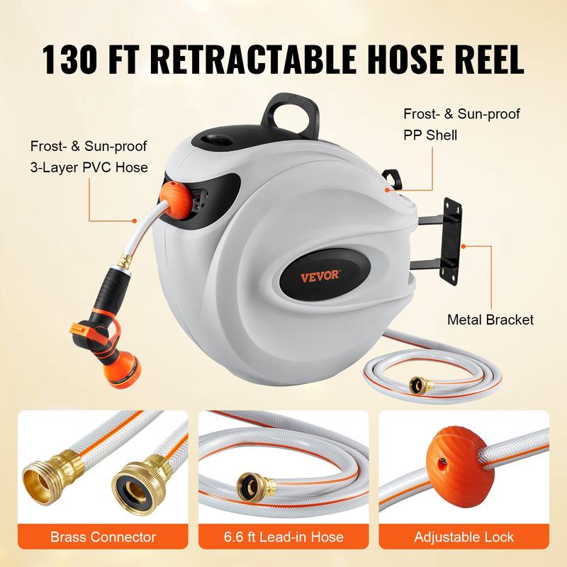 130ft Retractable Garden Hose Reel with 180° Swivel Wall Mount, 5/8" Hose
